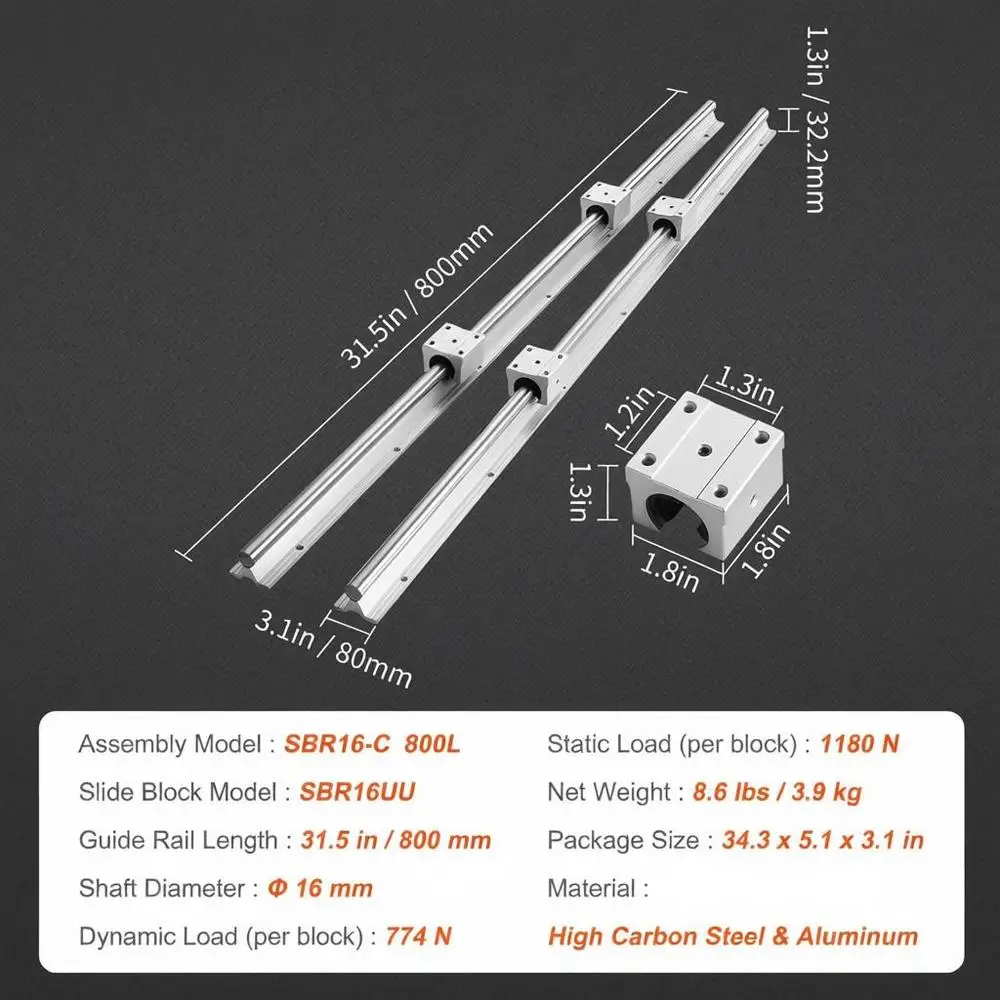 Linear guide, linear rail, 2 pcs. SBR16-800 mm carbon steel aluminum guide rail with 4 pcs. SBR16UU sliding blocks, linear bearing, bearing block, CNC parts for 3D printers, milling/turning machines - view 5