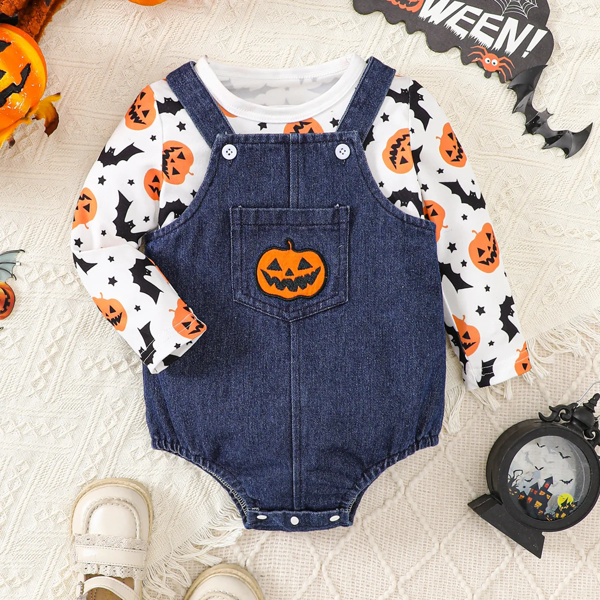 

Halloween for infants and toddlers, Fall 2024 new toddler long-sleeved pumpkin grimace print head denim overalls set 0-24 months