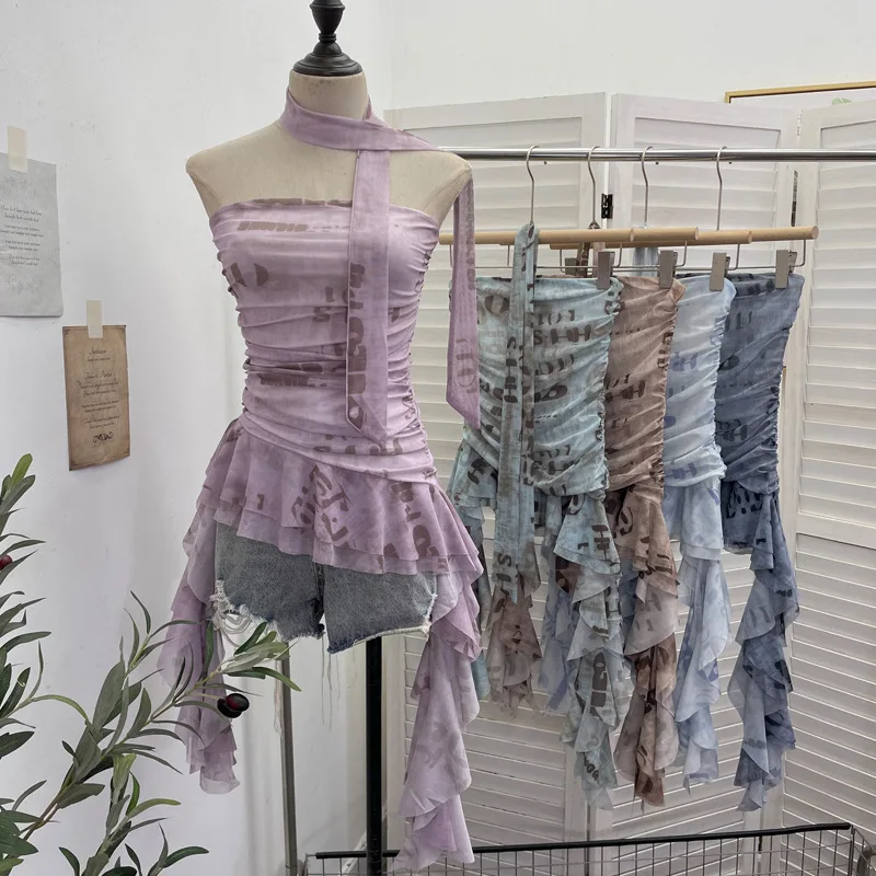Spicy Girl Asymmetric Ruffled Hem Ribbon Tie Mesh Print Non Slip Bandeau Top Irregular Ruffled Tie Dye Printed Outfits 8037