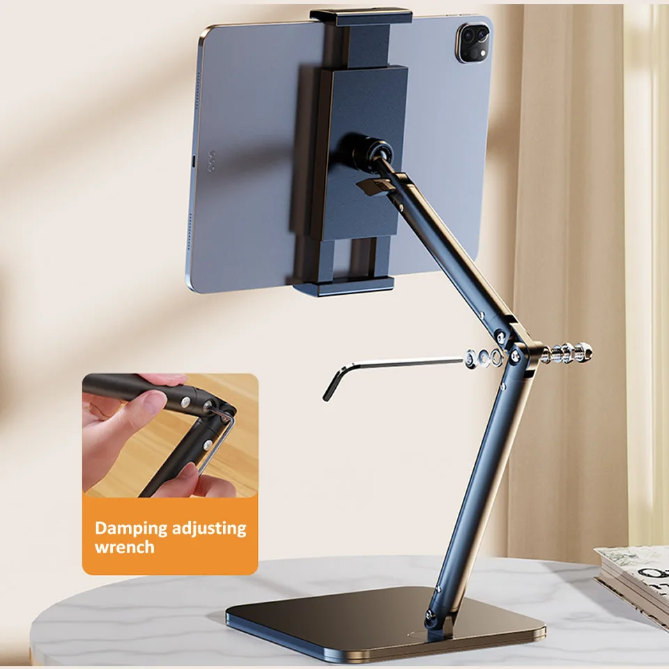 Stojak na tablet do komputera stacjonarnego, regulowany do wysokości 42 cm, stojak na iPada obracany o 360 stopni. °   Obrotowy metalowy uchwyt na tablet i smartfon o przekątnej 4,7-13 cali — zdjęcie 7