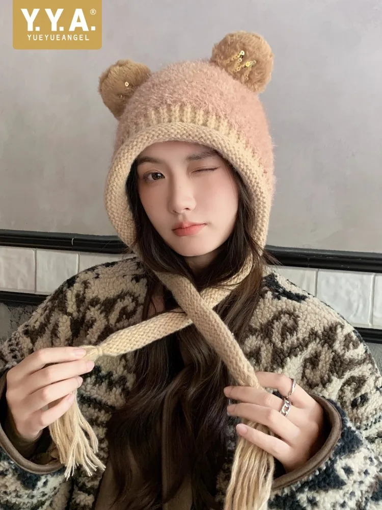 

Kawaii женские вязаные шапки с медвежьими ушками, винтажные зимние теплые шапки с кисточками для путешествий на открытом воздухе, женские милые шапки с затягивающимися пушками
