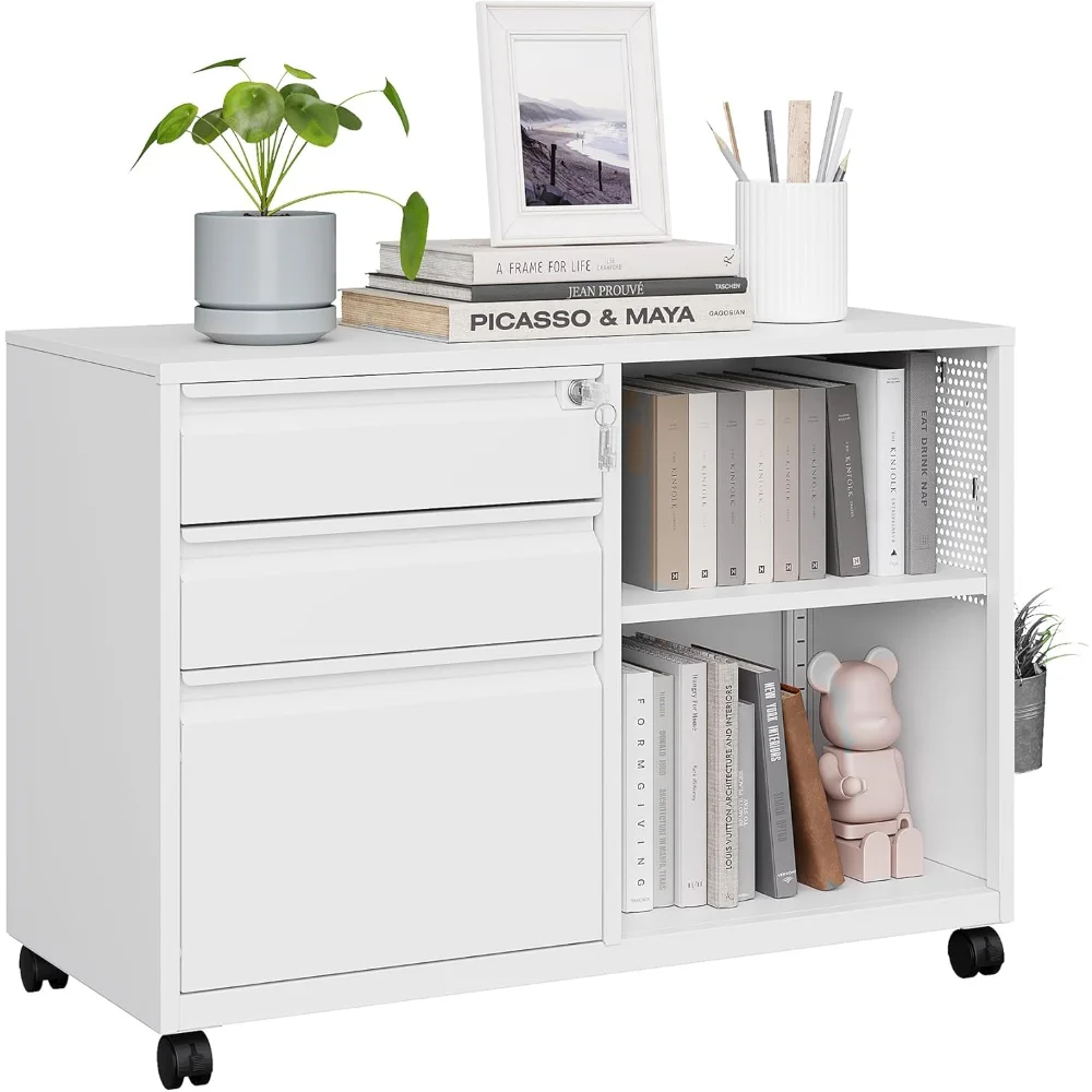 

File Cabinet 3 Drawer, White Filing Cabinets with Shelf, Home Office Rolling File Storage Cabinet with Lock