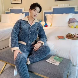 2024 New Men's Teenagers' Winter Cotton Pajamas Coral Velvet Three-layer Thickened Plush Loungewear Cotton Flannel Homewear Set