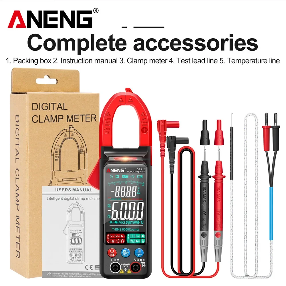 ANENG ST212 Digital Clamp Meter 6000 Counts DC/AC Current 400A Amp Multimeter Large Color Screen Voltage Tester Car Hz NCV Ohm