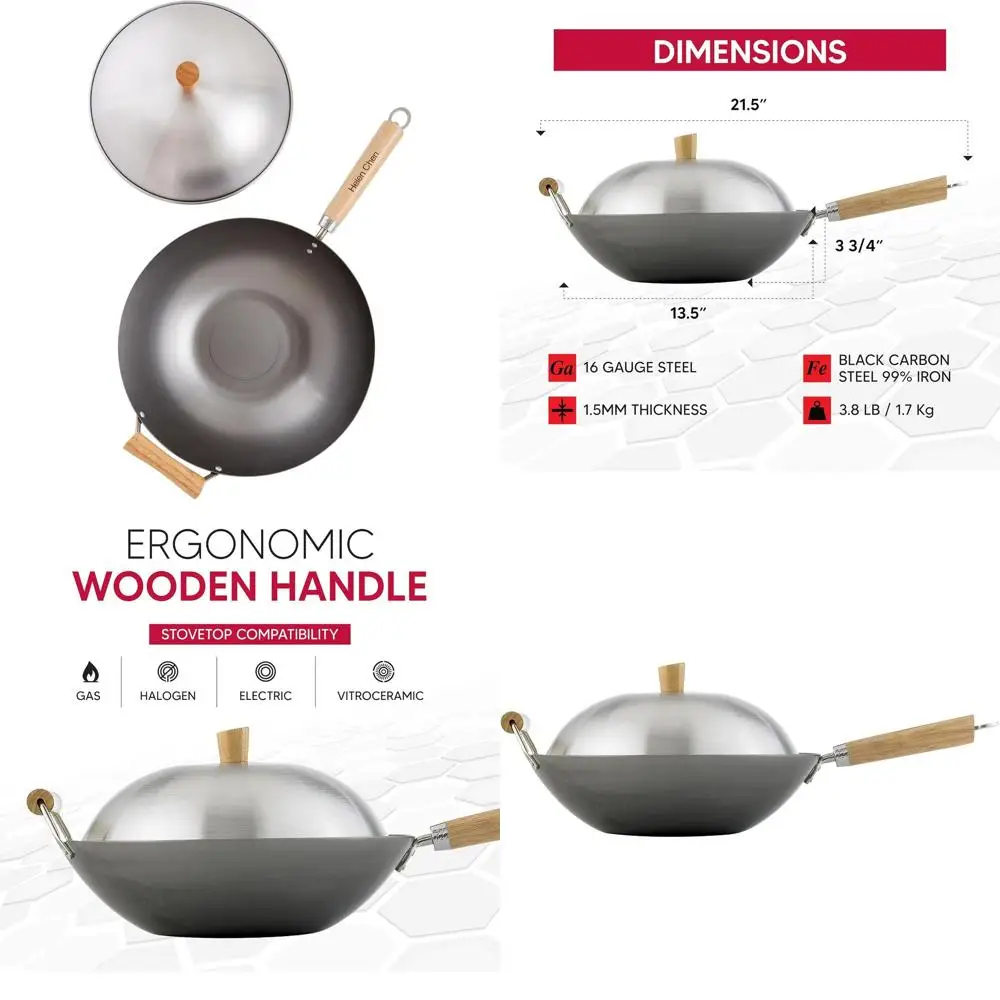 

Набор для приготовления на воке - Сковорода вок с крышкой, 13,5 дюймов, из углеродистой стали - с антипригарным покрытием, для жарки или смешивания - включает 4 аксессуара - идеально для...