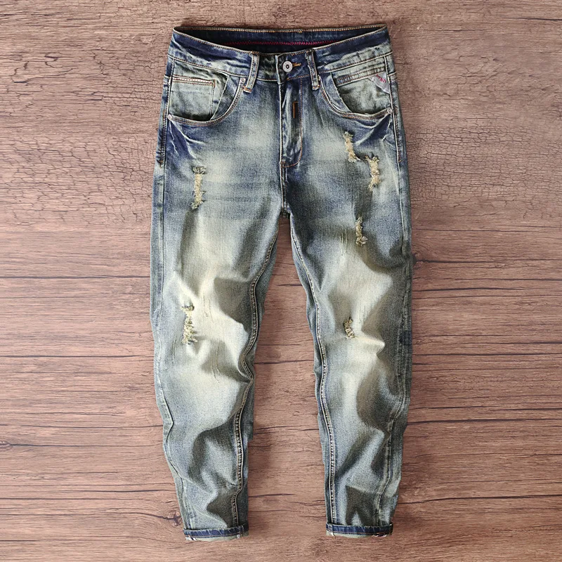

Spring and Autumn New 2025 Men's Cowboy Pants Retro Washed Broken Hole Nostalgic Slimming Small Leg Pants