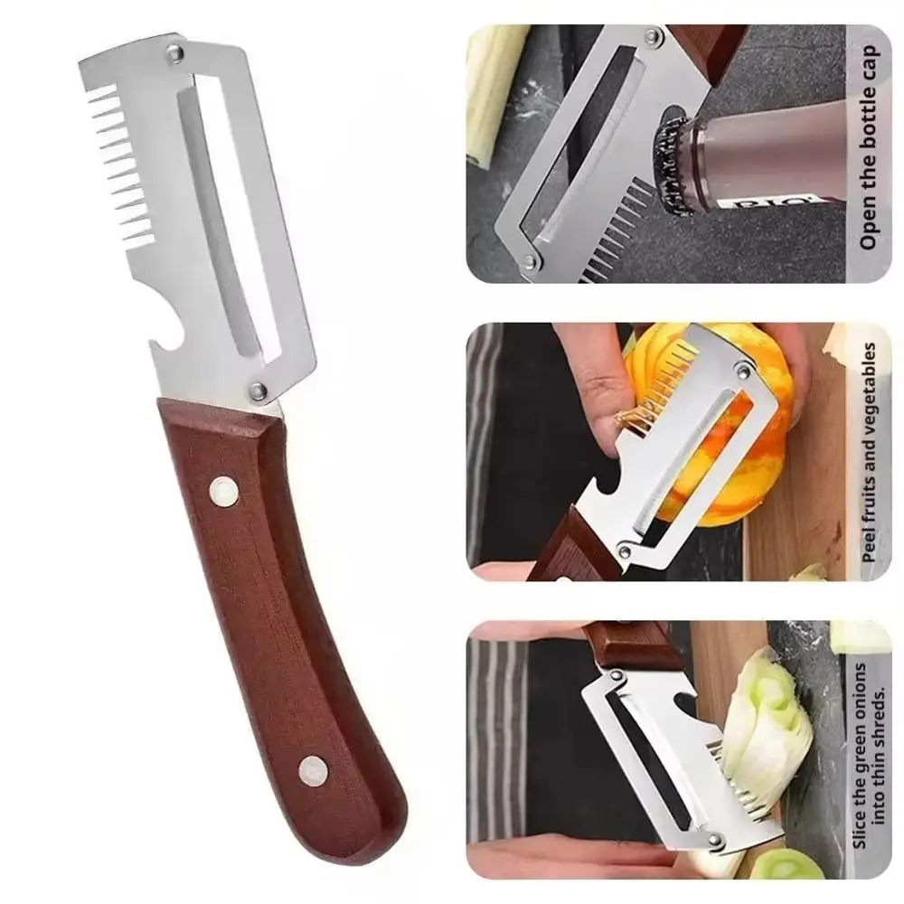 3-in-1 Serrated Peeling Knife Premium Vegetable Peeler With Wooden Handle And Bottle Opener For Peeling And Slicing Kitchen Tool