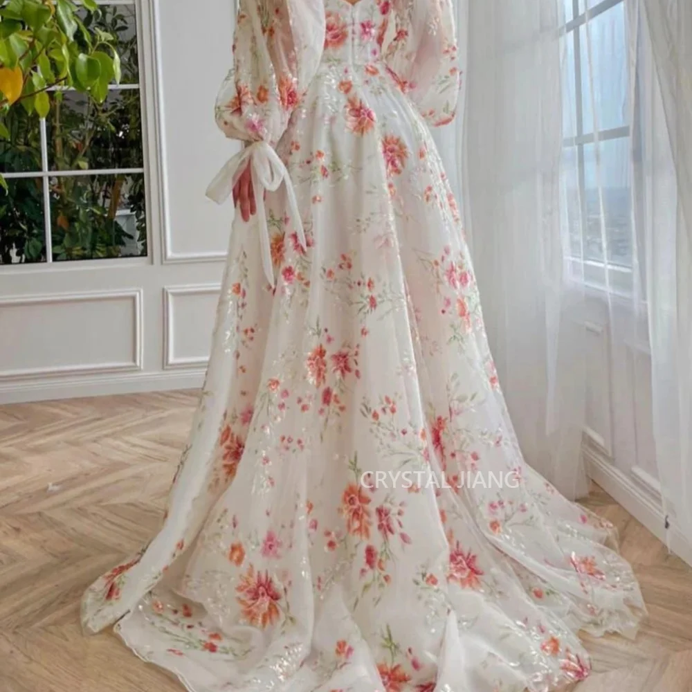 Exquisite Prom Dresses V Neck with Full Puffy Sleeves with Handmade Wildflowers A Line Sweep Train with Slit فساتين سهره