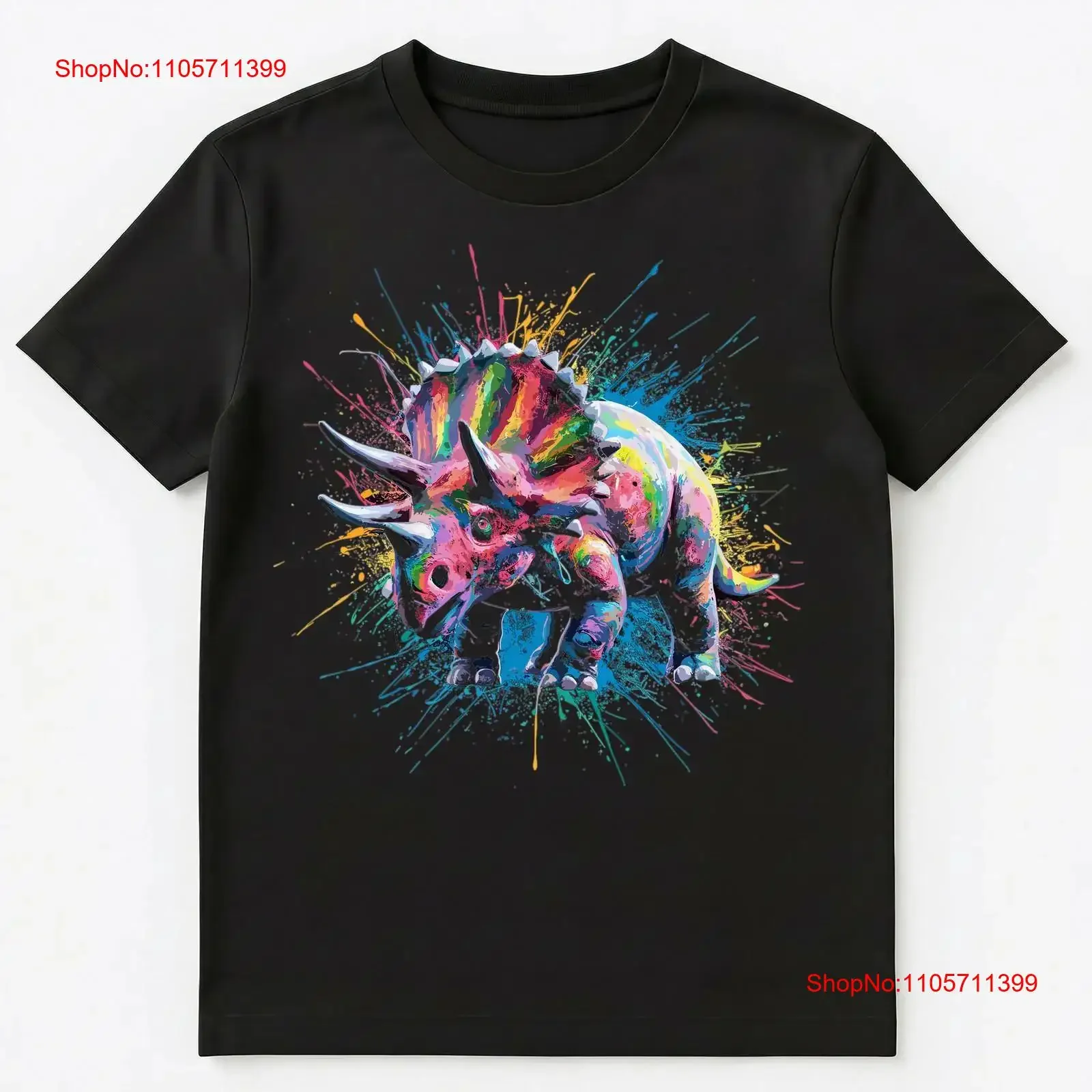 Colorful Paint Splash Triceratops Art T Shirt long or short sleeves vintage Washed designer clothes homme fashion Breathable