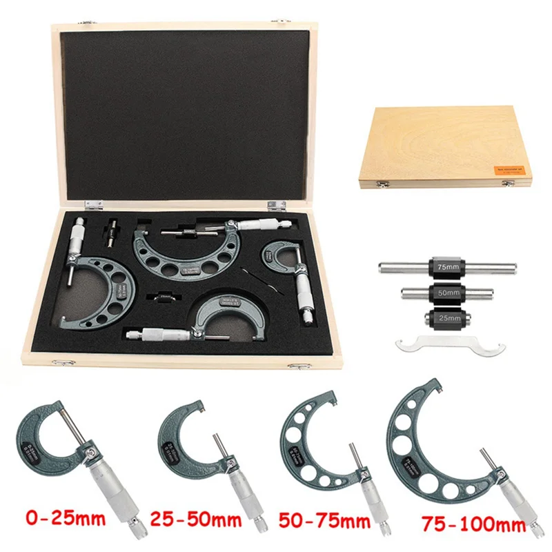 AB35-Machinist Tool Accuracy Carbide Micrometer Set 0-4Inch 0-100Mm 4 Precision 0.01Mm 4Pcs