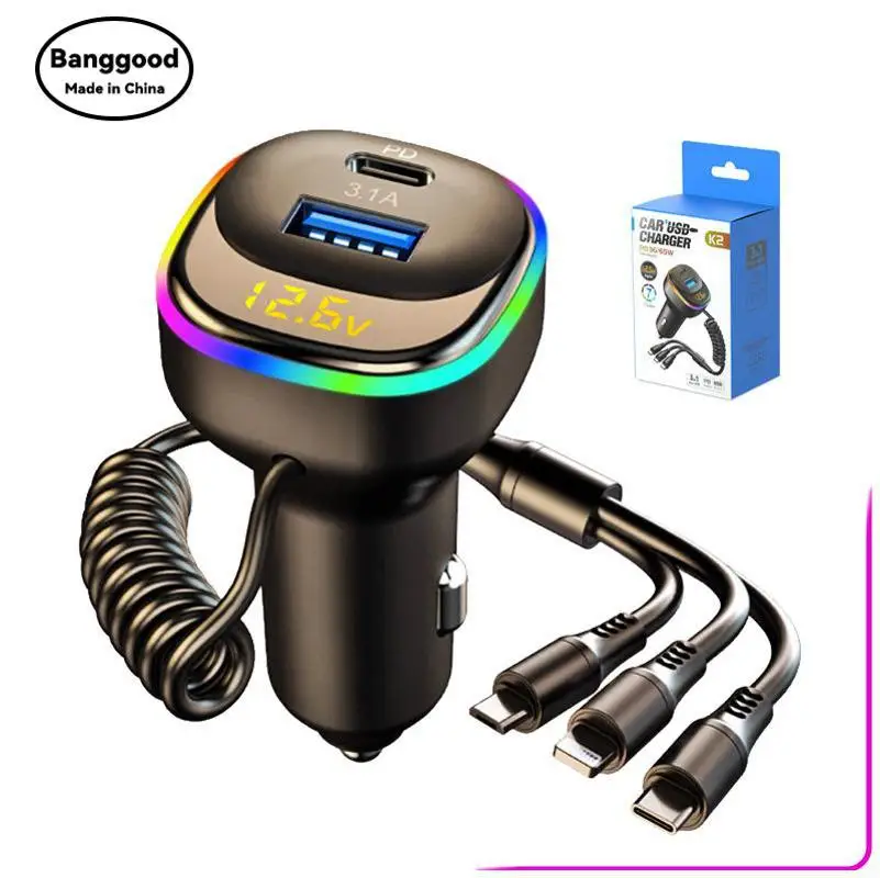 

K2 Car Charging PD One Point Three Car Retractable Spring Fast Charging Charging Cable 7 Color Ambient Light Voltage Monitoring