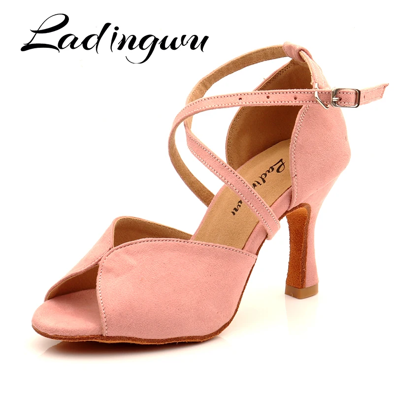 Ladingwu Hot Women Dance Shoes Latin Ballroom Dance Shoes Ladys Girls Salsa Dance Shoes Pink Suede Simple Style