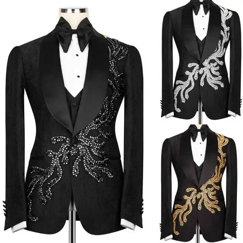 

Luxury Men's Fashion Jacquard Suits 2 Piece Wedding Tuxedos Shawl Lapel Crystal Evening Slim Fit Blazers Customized