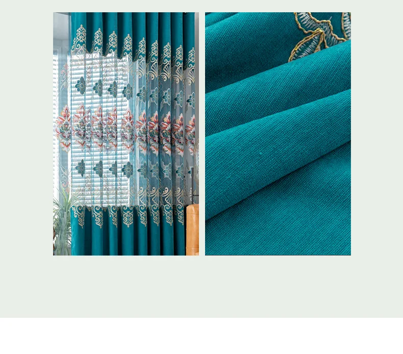 Luxuriöse Chenille-Kaschmir-Spitze, bestickte Verdunkelungsvorhänge, hohler blauer Stoff, Wohnzimmer, Schlafzimmer, Fenster, Tüll, individuelles Tuch – Detail 8