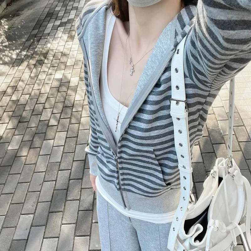 Korean Style Lazy Contrast Color Striped Hooded Open Cardigan Sweatshirt Women's Autumn Winter Fleece Lined Slimming Short Jacke