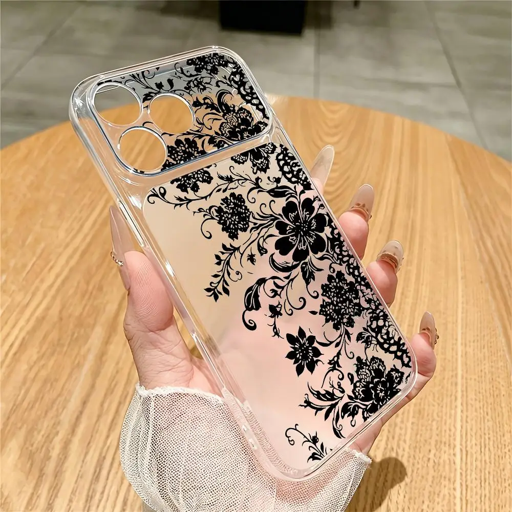 Black patterned transparent phone case suitable for iPhone 18, 17, 16, 15, 14, 13, 12, 11 Pro/Max/Plus anti drop and shockproof