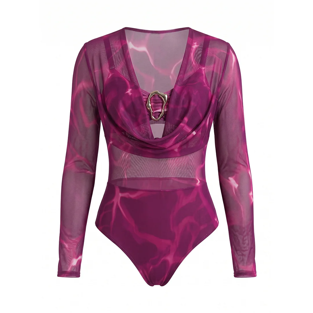 S - XXL Neuer bedruckter Badeanzug mit V-Ausschnitt und langen Ärmeln, einteilig, mit Hose, Damen-Badebekleidung, gepolstert, Badeanzug, Schwimmanzug V8366 – Detail 12
