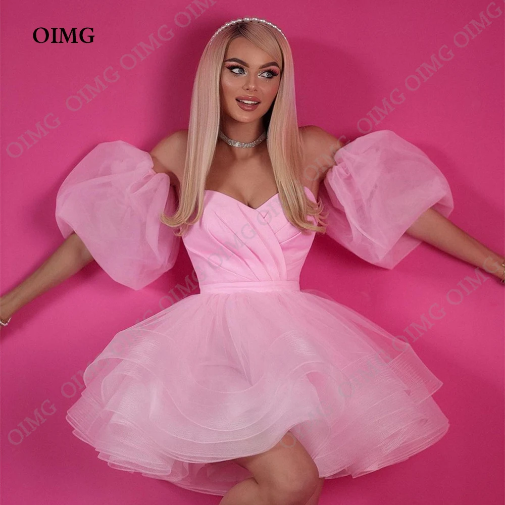 

OIMG Pink Tulle Short Formal Evening Party Dress Gowns Sweetheart Tiered Puff Short Sleeves A Line Night Celebrity Dress