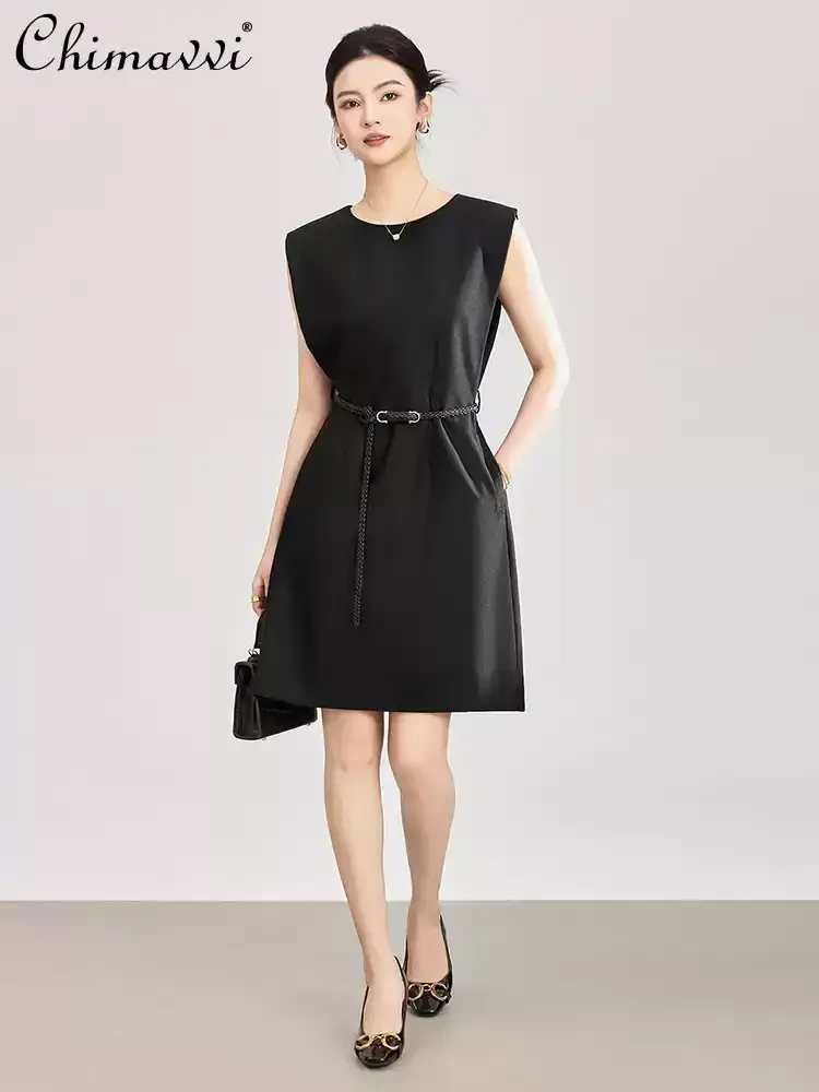 

French Elegant Temperament Socialite Women's Summer Dress 2026 Round Neck Sleeveless High Waist Belt Simple Commuter Short Dress