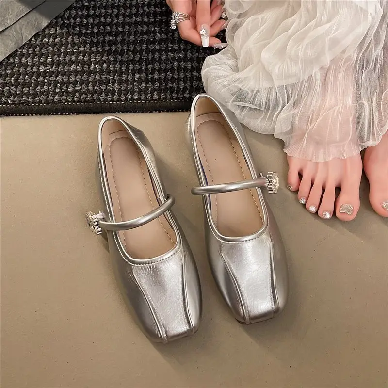 French Vintage Women's Mary Jane Flats Square Toe Ruched Summer New Leather Shoes Comfortable Ultra Soft for Skirt