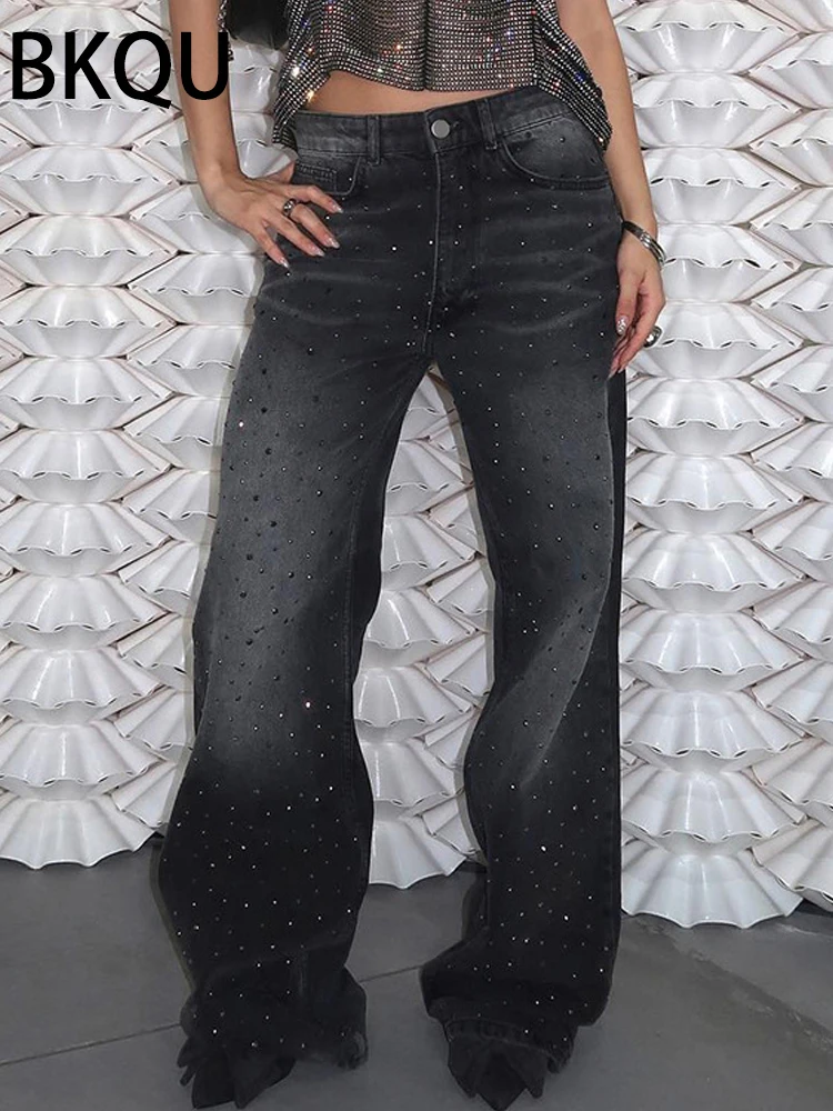 

BKQU Wide Leg Jeans Women Straight Baggy Denim Long Pants 2024 Fashion Black All-match Rhinestone Low Waist Female Trousers