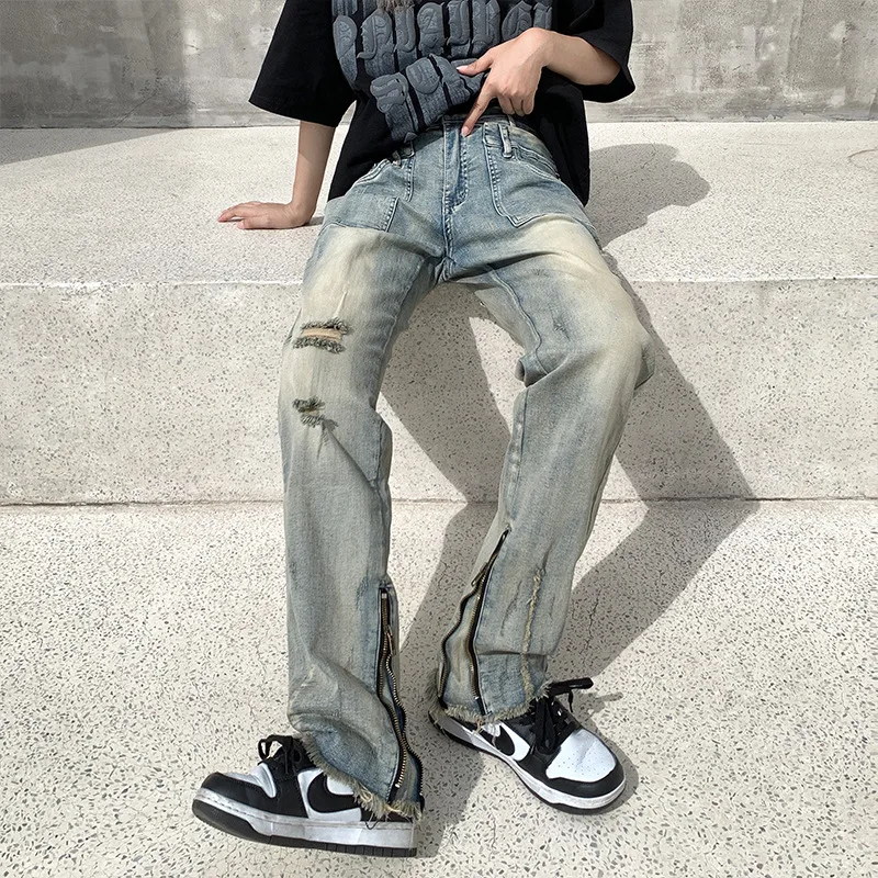 Jeans Men Vintage European Style Hole Straight Trousers Design Fashion High Street Washed Chic Youthful Cozy All-match Charming