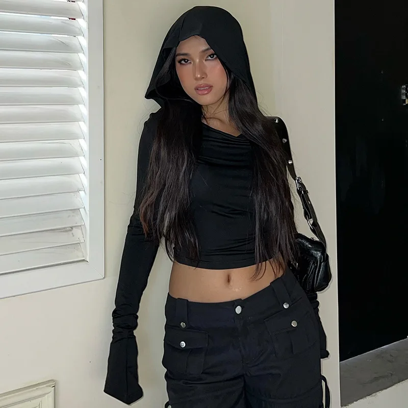 New Spring/Autumn Style Elegant Mature Deep V-Neck Hooded Bell-Sleeve Y2K Wasteland Style T-Shirt Top Dark Gothic Women's T-Shirt