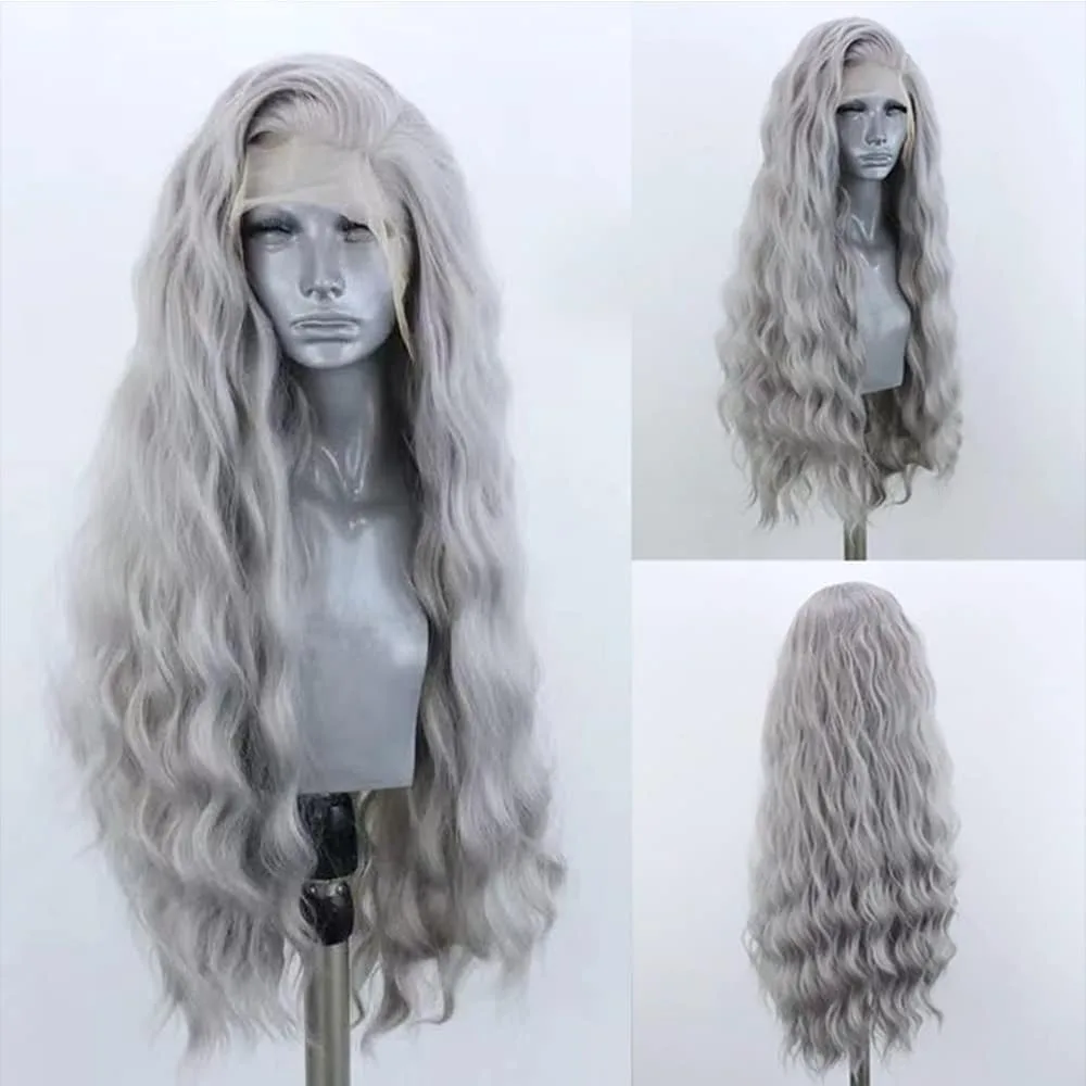 Серебристо-серый/блонд/розовый парик 30-дюймовый средний парик с объемной волной, кружевной фронтальный парик, натуральная линия волос, синтетический термостойкий для женщин
