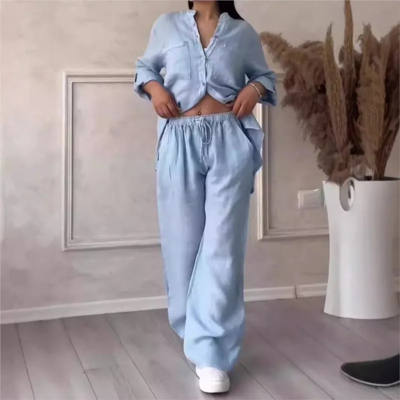 

Fashion Two Piece Sets Loose Long Sleeve Shirts & Wide Leg Pants 2 Piece Set Fashion Women Spring Autumn Office Shirts Pant Suit