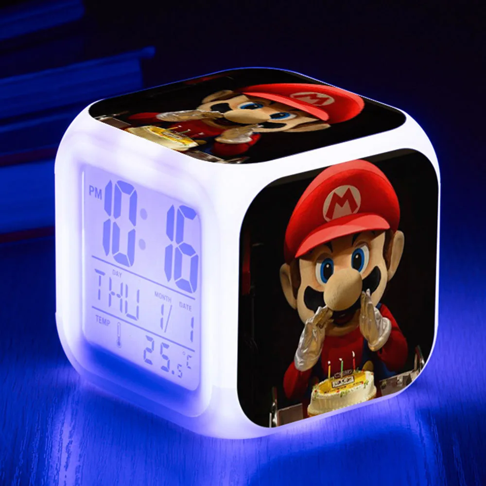 Cute Super Mario Figure LED Color Changing Alarm Clock Electronic Clock Luminous Digital Glowing Decoration Kids Birthday Gift