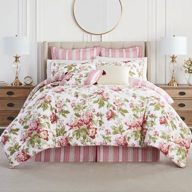 Waverly Forever Peony 4-Piece Comforter Set, Embellished All Season Bedding, Includes One Comforter, One Bed Skirt And Two