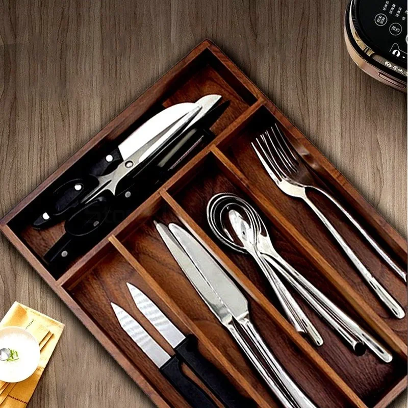 Black Walnut Drawer Type Cutlery Storage Box Desktop Wood Organizer Tray for Tableware Elegant and Practical Design