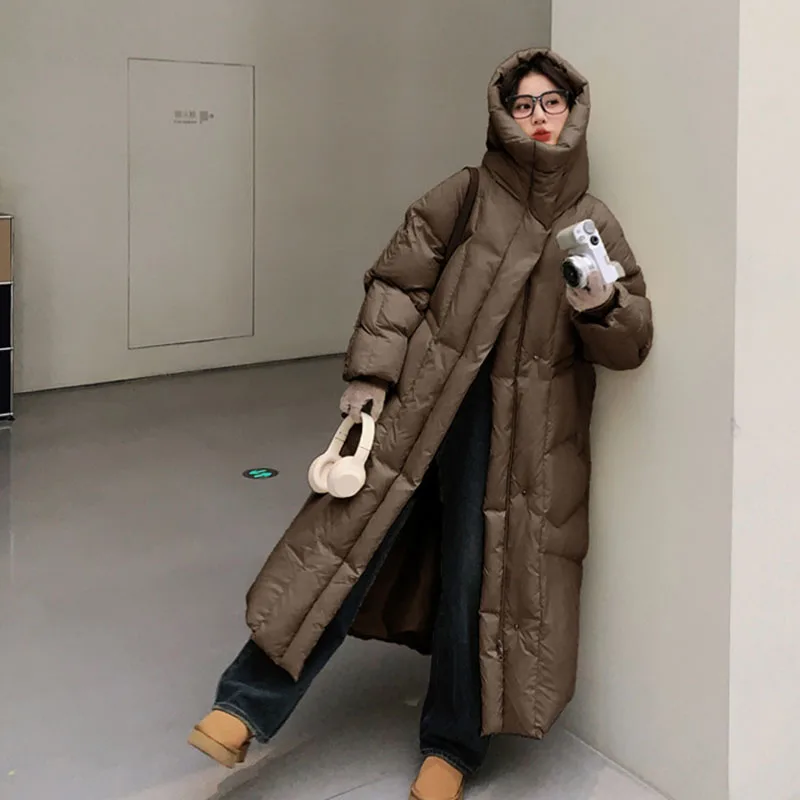 

Women Down Jacket 2025 Winter New Thickened Ribbon Hooded Extremely Cold Warm Jacket High Quality Loose Women Down Jacket H578