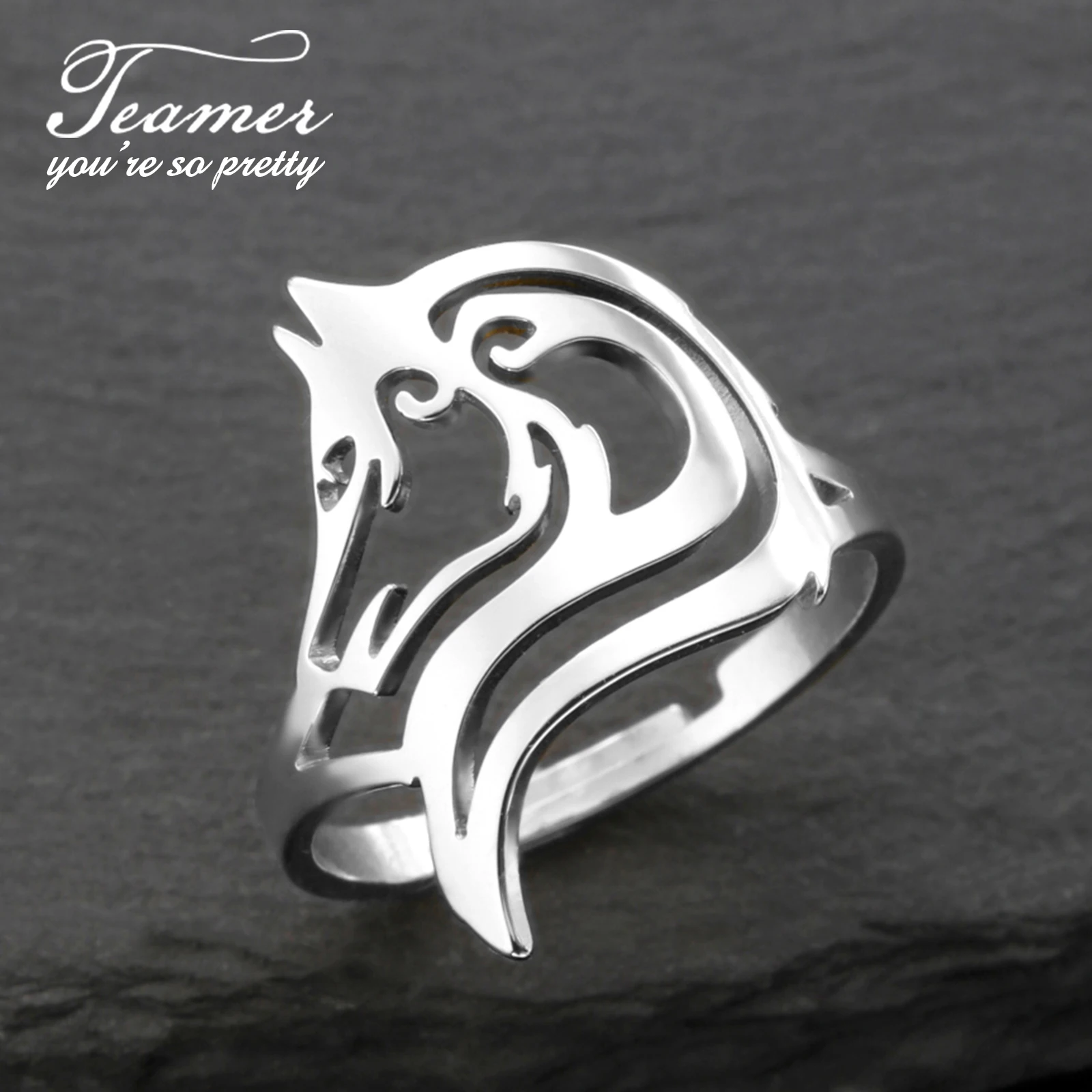 Teamer Hip Pop Wolf Head Stainless Steel Ring Women Men Vintage Punk Rock Animal Open Wide Finger Ring Fashion Jewelry Wholesale