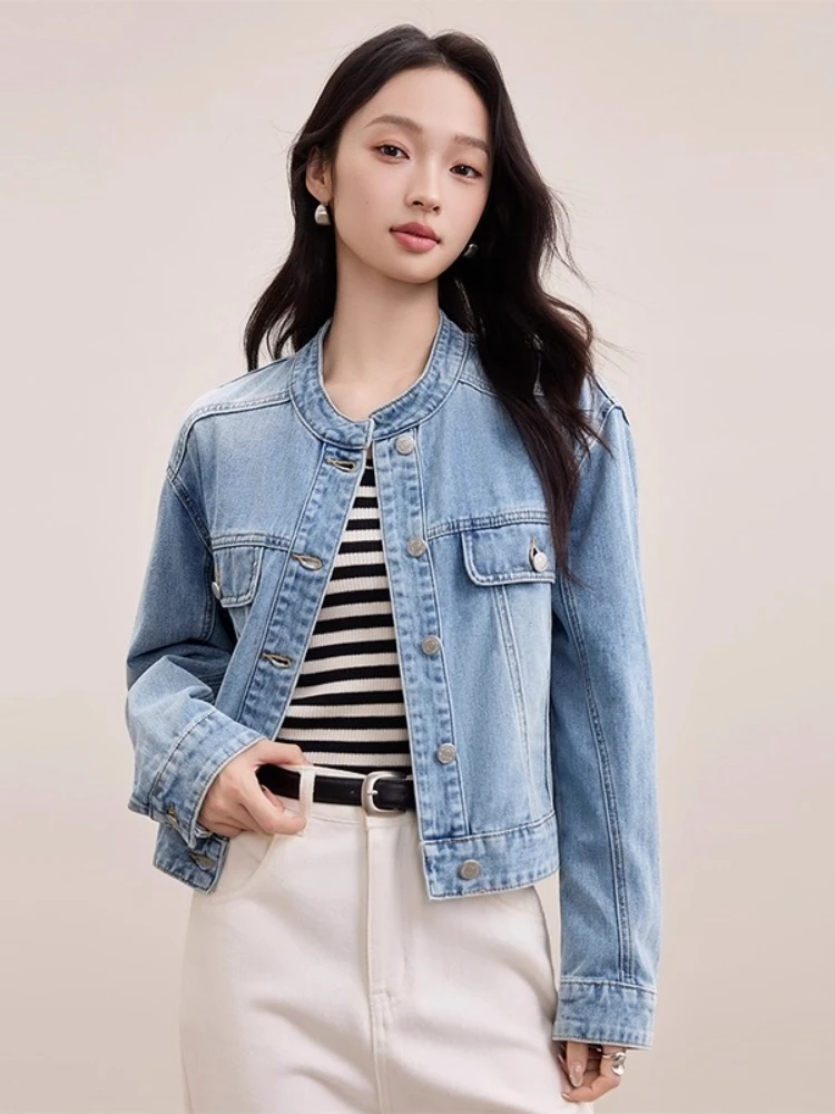 

SENTUBILA Cotton Denim Jacket Women's 2025 Autumn Stand-collar Loose Long-sleeve Short Jacket Dropped-shoulder Tops W53WD3020