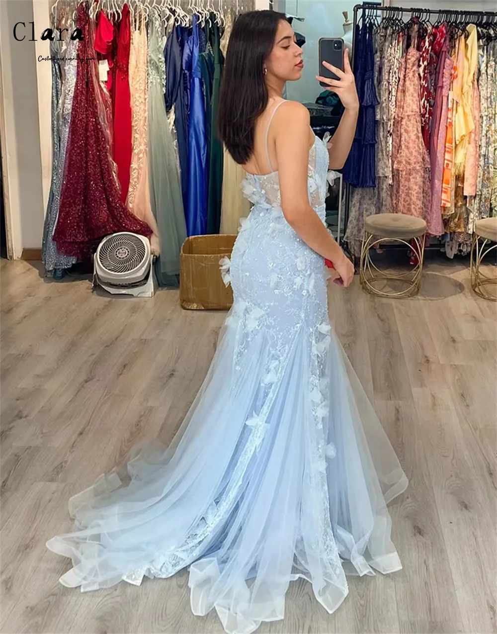 Clara personalizado azul cielo flor 3D una línea fuera del hombro vestidos formales y de noche vestido de lujo 2025 vestido de fiesta de mujer vestidos lujosos