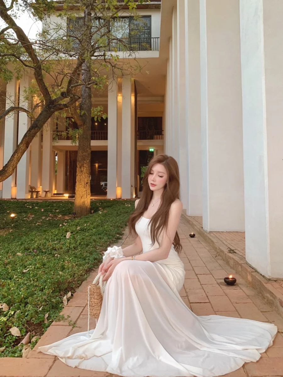 

JUNSTUDIO Chilly God Sle Double Layered Strap Long Dr Me Splice Fake Two-Piece Dr Gentle Sle Spring Summer Dr