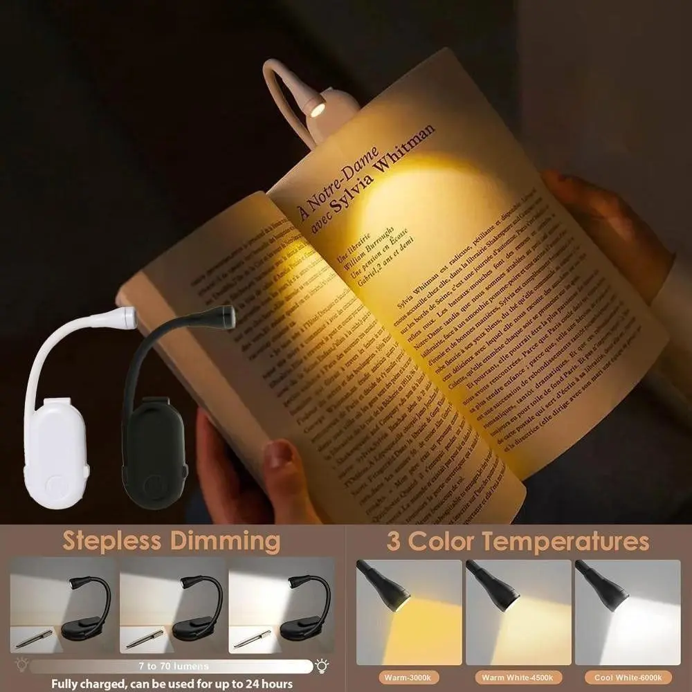 Flip Design Rechargeable LED Book Light Mini Size Dimmable Night Light 3 Color 360 Adjustable Reading Light Book Reading