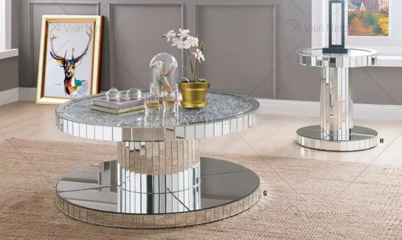 Modern Luxury Glass Top Round Diamond Mirror Coffee Table Wholesale Home Living Room Wooden Crushed Diamond Gold Coffee Table