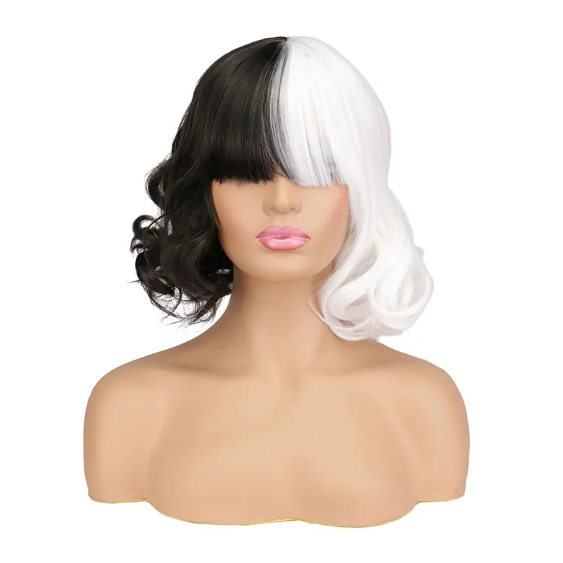 new movie Cruella Wig Short Wigs for Halloween Cosplay Women Black White Synthetic Hair Wig   Wig Cap