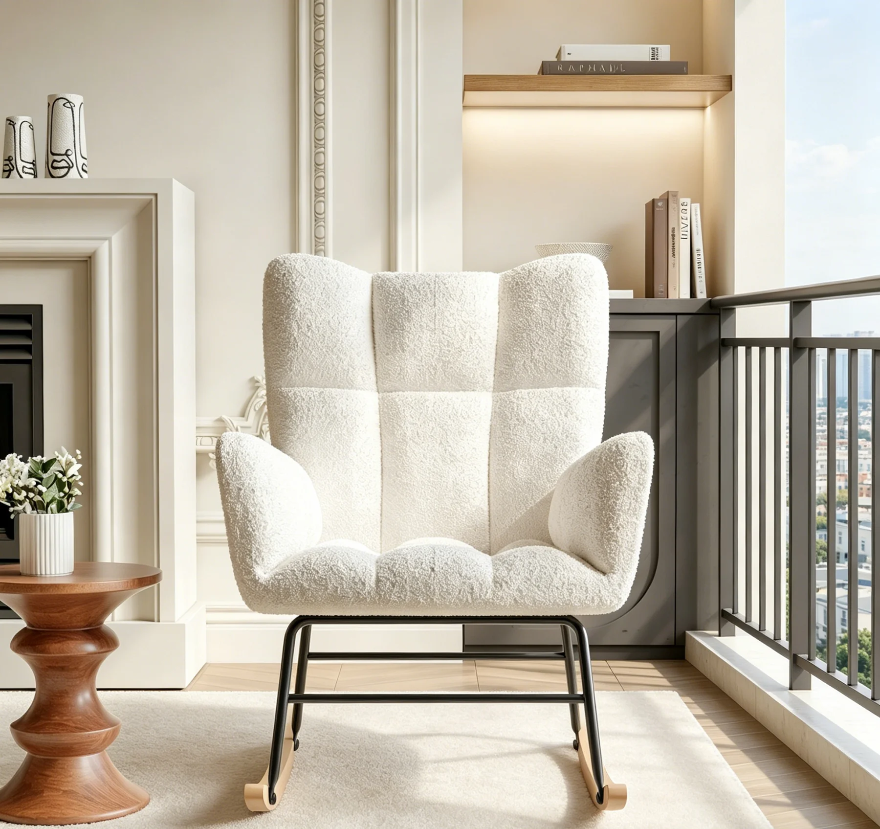 Silla mecedora Fangange, silla columpio, silla mecedora para lactancia, tapizada en terciopelo Teddy con estructura de metal y madera, sillón de relajación.