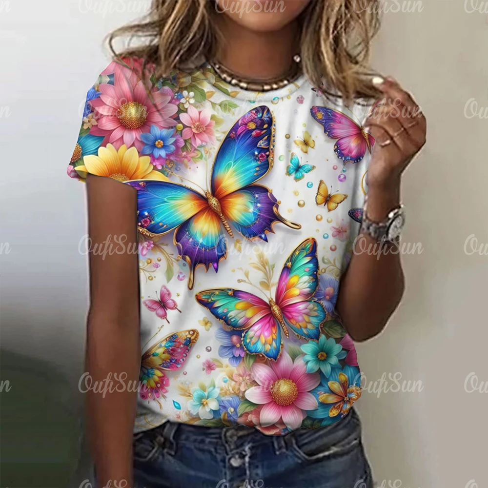 Women Oversized T-Shirts Butterfly Print Fashion Tee For Woman Basic Casual Ladies Top 2024 Fashion Beauty Female Blouse Clothes