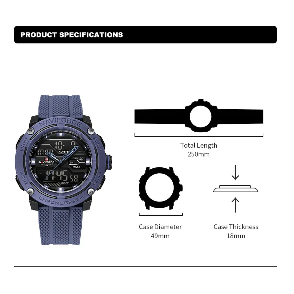 NAVIFORCE Men Sport Wristwatch Silicone Strap Waterproof Quartz Watch Dual Display Digital Luminous Male Clock Relogio Masculino