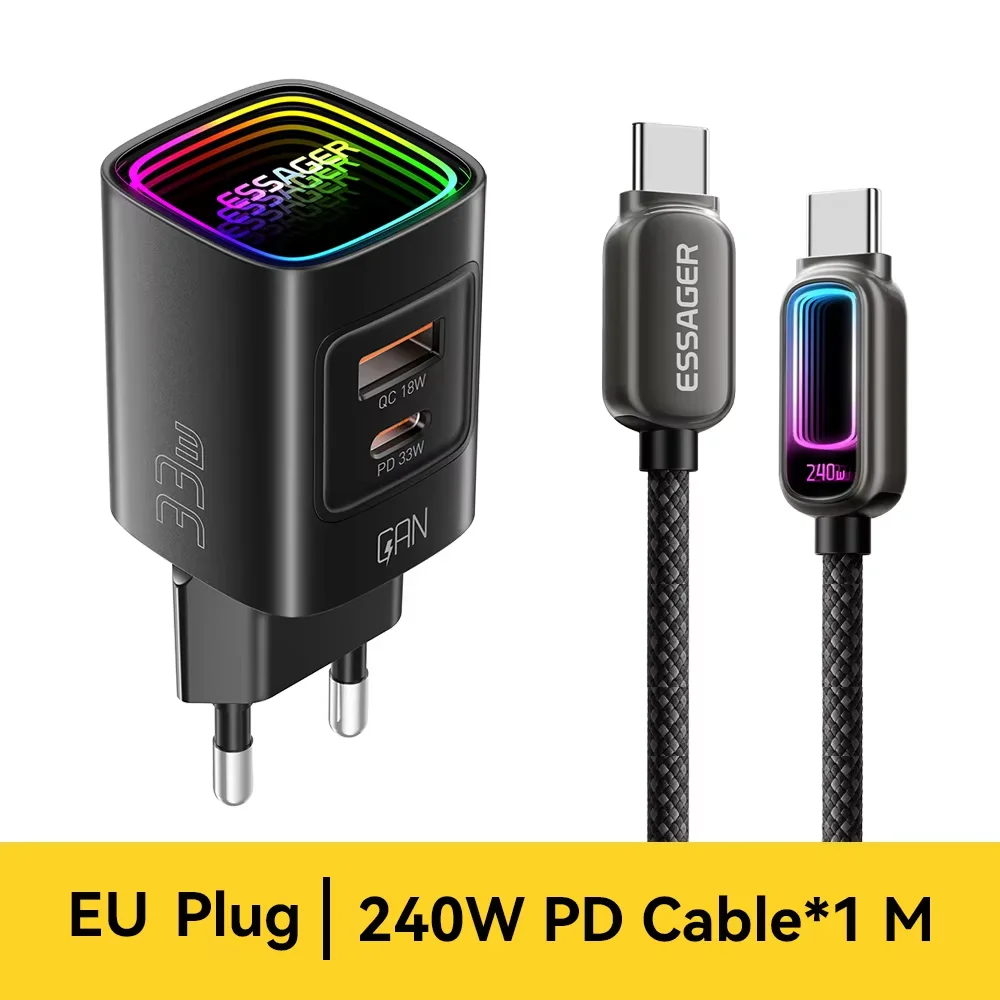 Essager GaN 33W USB Typ-C Ladegerät Tragbares PD-Schnellladegerät für iPhone 17 16 15 14 Pro Max iPad Xiaomi Samsung S25 RGB-Ladegerät