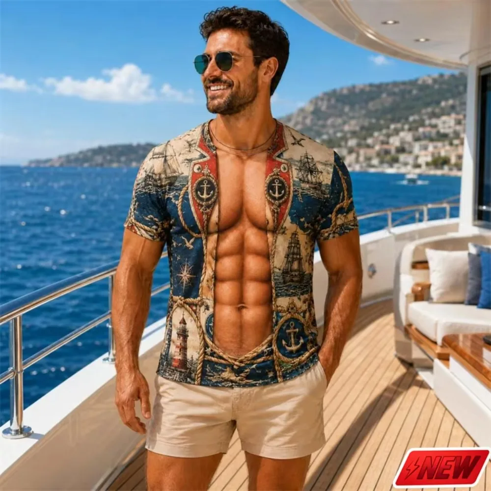 Kreatives, lustiges T-Shirt für Herren – Matrosenuniform, Piratenschädel, Schiff, Anker, 3D-Druck, große Größe, kurzärmelig – Kostüm-Party-Oberteil – Detail 9