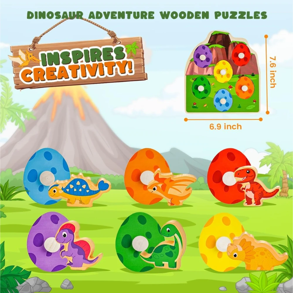 7Pcs Wooden Dinosaur Block Puzzle, Montessori shape & color sorting toy, educational memory game for preschool birthday gifts