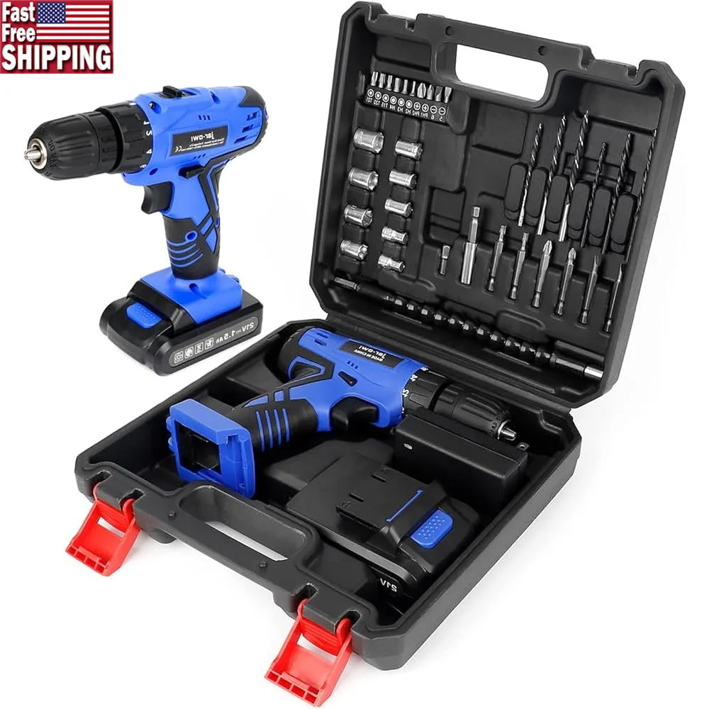 Portable 21V Cordless Power Drill Set 37PCS Drill Bits Rechargeable Battery Charger Lightweight Ergonomic Home Tool Kit