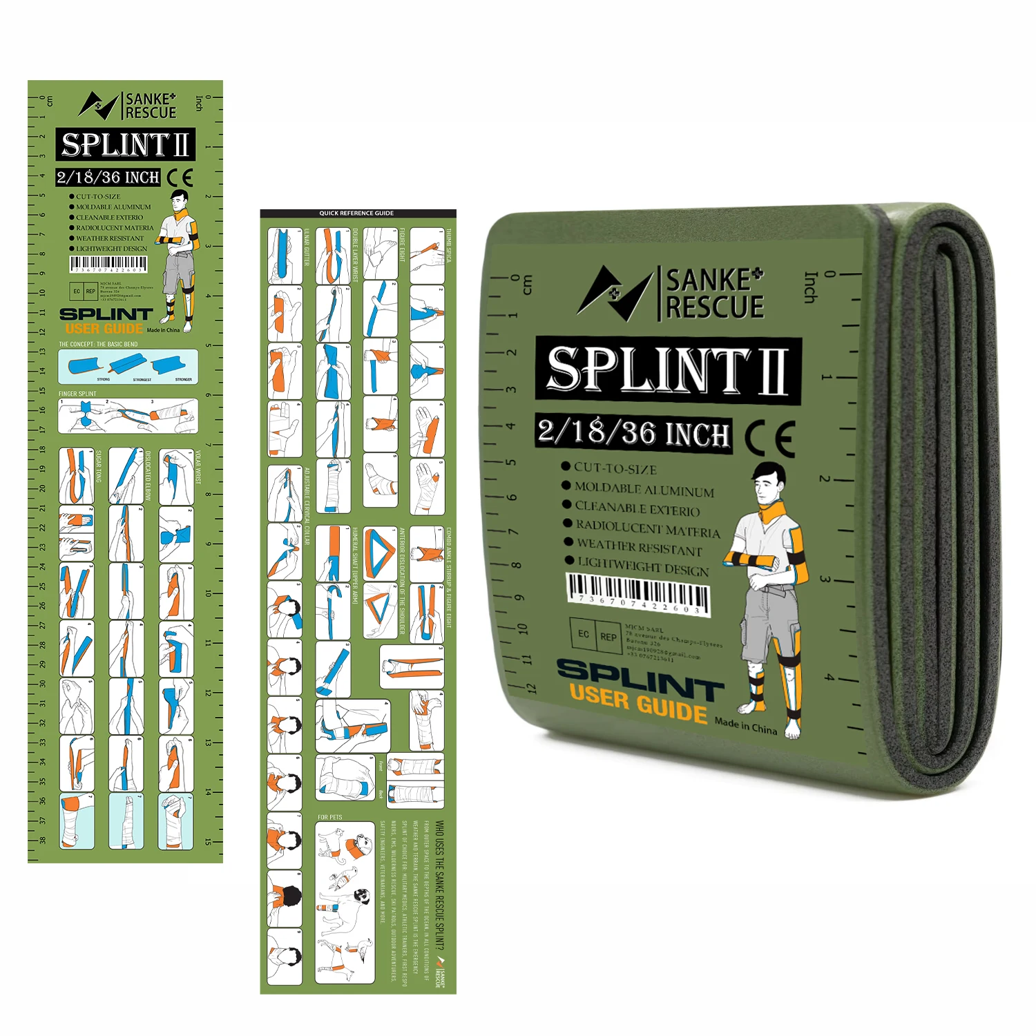 

Зелено-серая, оранжево-синяя фиксирующая шина для первой помощи 18-36 дюймов x 4,3 дюйма для поддержания положения костей