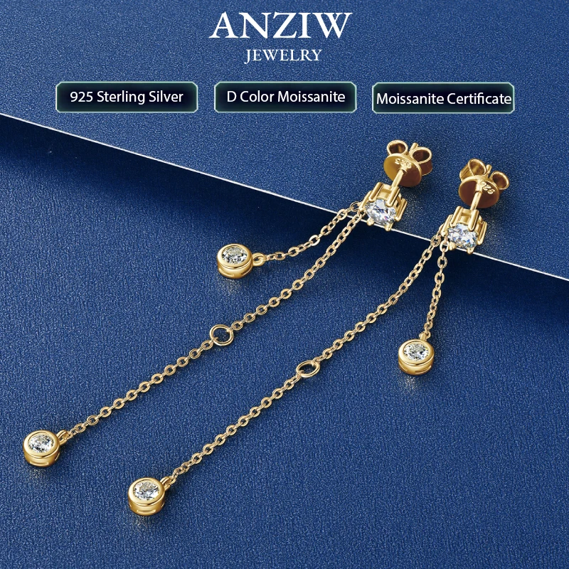 

Real 925 Silver D Color Moissanite Stud Earrings Long Chain Drop Earrings Piercing Ear Wedding Jewelry for Women Gift 2024 Trend