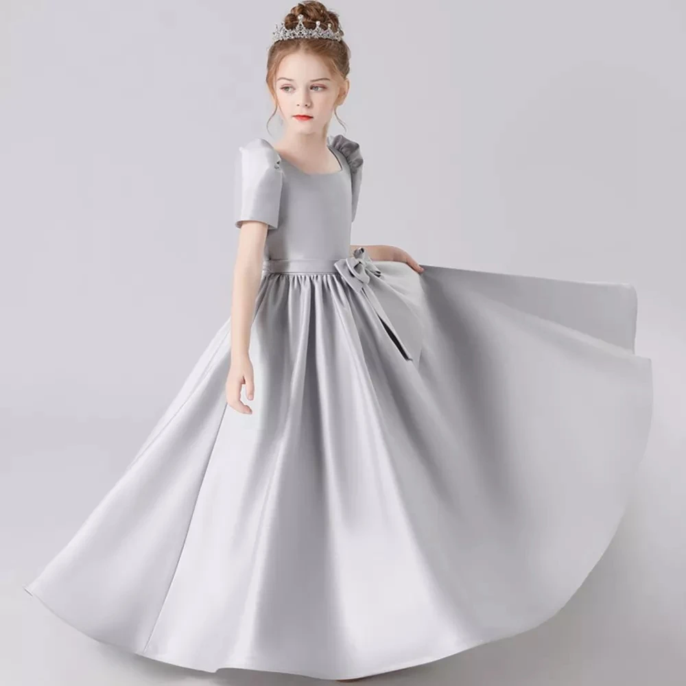 Muslimborgogna Soft Satin Girls Christmas Dress Simple maniche corte lunghezza del pavimento Junior Concert Pary Gown Birthday